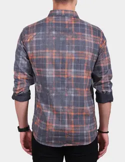 پيراهن چهارخانه آستين بلند تنسل چاپي نخی طوسي نارنجي