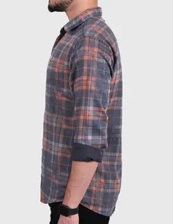 پيراهن چهارخانه آستين بلند تنسل چاپي نخی طوسي نارنجي