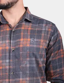 پيراهن چهارخانه آستين بلند تنسل چاپي نخی طوسي نارنجي