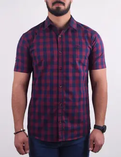 پيراهن مردانه آستين کوتاه چهارخانه شطرنجي قواره دار زرشکی
