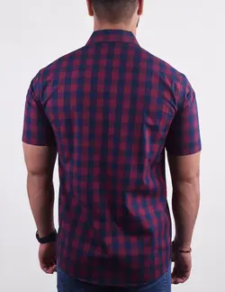 پيراهن مردانه آستين کوتاه چهارخانه شطرنجي قواره دار زرشکی