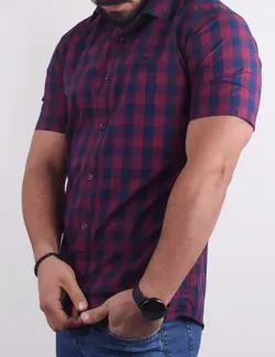 پيراهن مردانه آستين کوتاه چهارخانه شطرنجي قواره دار زرشکی