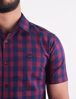 پيراهن مردانه آستين کوتاه چهارخانه شطرنجي قواره دار زرشکی