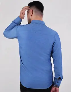 پيراهن نخي ويسکوز آستين بلند آبي