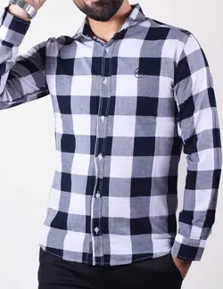 پيراهن آستين بلند چهارخانه شطرنجي درشت سفيد سرمه اي
