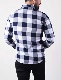 پيراهن آستين بلند چهارخانه شطرنجي درشت سفيد سرمه اي
