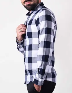 پيراهن آستين بلند چهارخانه شطرنجي درشت سفيد سرمه اي