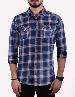 پيراهن چهارخانه سنگ شور آستين بلند دوجيب سرمه اي گلبهي