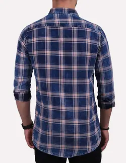 پيراهن چهارخانه سنگ شور آستين بلند دوجيب سرمه اي گلبهي