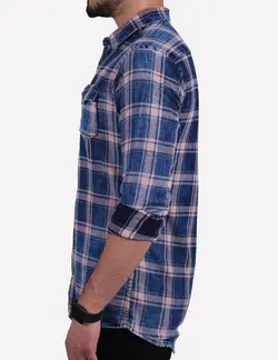 پيراهن چهارخانه سنگ شور آستين بلند دوجيب سرمه اي گلبهي