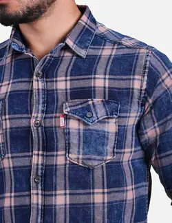 پيراهن چهارخانه سنگ شور آستين بلند دوجيب سرمه اي گلبهي