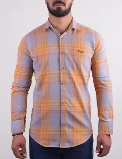 پيراهن مردانه آستين بلند چهارخانه بدون جيب نارنجی