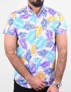 پيراهن مردانه آستين کوتاه هاوايي طرح برگ بنفش