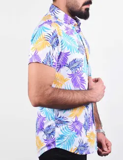 پيراهن مردانه آستين کوتاه هاوايي طرح برگ بنفش