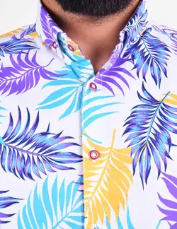 پيراهن مردانه آستين کوتاه هاوايي طرح برگ بنفش