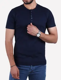 تیشرت مردانه یقه گرد دکمه دار سرمه ای