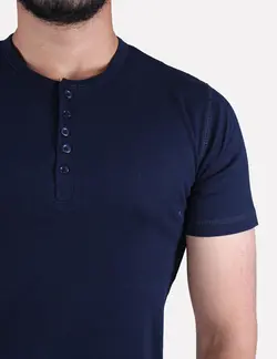 تیشرت مردانه یقه گرد دکمه دار سرمه ای