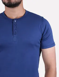 تیشرت مردانه یقه گرد دکمه دار آبی