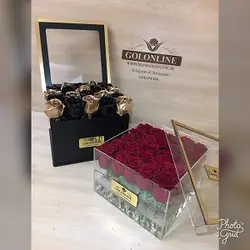 باکس مربع شیشه ای با ۱۶ شاخه رز هلندی