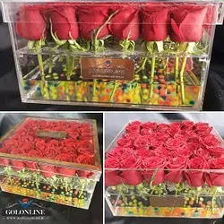 باکس شیشه ای با ۲۵ شاخه رز هلندی