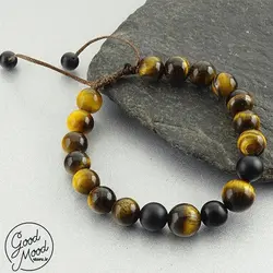 دستبند تمام سنگ چشم ببر و عقیق سیاه