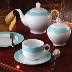 سرویس چینی سپید صدف فیروزه ای سری ایتالیا اف ۱۰۲ پارچه ۱۲ نفره