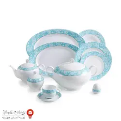 سرویس چینی سپید صدف فیروزه ای سری ایتالیا اف ۱۰۲ پارچه ۱۲ نفره