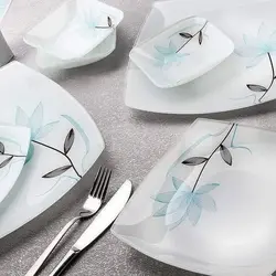 سرویس ظروف شیشه ای غذاخوری آرکوفام 25 پارچه مدل فلاور آبی