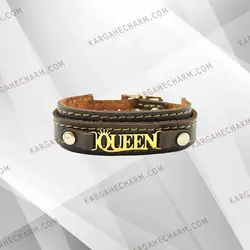 دستبند چرم طرح پلاک کویین