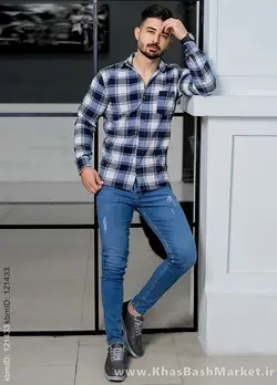 پیراهن مردانه چهارخونه سفید آبی مدل tones