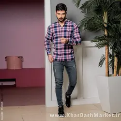 پیراهن مردانه چهارخونه صورتی مدل yami