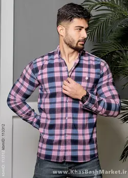 پیراهن مردانه چهارخونه صورتی مدل yami