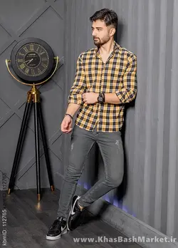 پیراهن چهارخونه مشکی زرد مدل Mahed