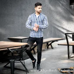 پیراهن مردانه چهارخونه آبی سفید مدل mika