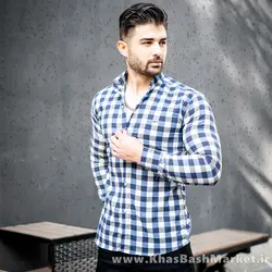 پیراهن مردانه چهارخونه آبی سفید مدل mika
