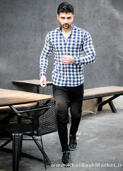پیراهن مردانه چهارخونه آبی سفید مدل mika