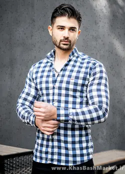 پیراهن مردانه چهارخونه آبی سفید مدل mika