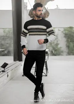پلیور ژاکارد سفید مشکی مردانه مدلSami