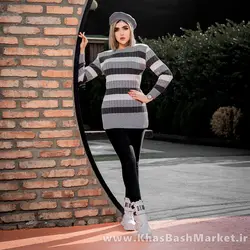 تونیک بافت زنانه راه راه طوسی مشکی مدل kareno