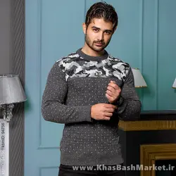 پلیور بافت مردانه طوسی تیره طرح چریکی مدلLando