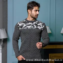 پلیور بافت مردانه طوسی تیره طرح چریکی مدلLando