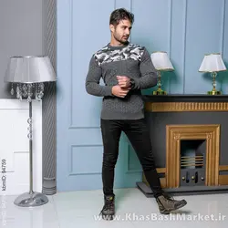 پلیور بافت مردانه طوسی تیره طرح چریکی مدلLando