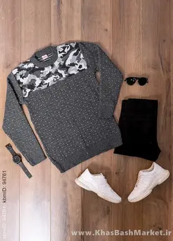 پلیور بافت مردانه طوسی تیره طرح چریکی مدلLando