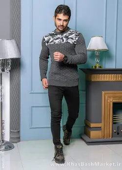 پلیور بافت مردانه طوسی تیره طرح چریکی مدلLando
