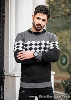 پلیور ژاکارد مشکی سفید مردانه مدل Mehrdad