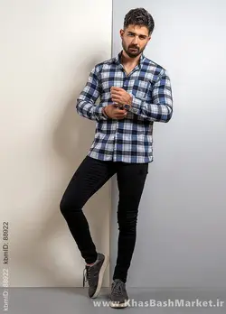 پیراهن چهارخونه مردانه(T) سفید آبی مدل Amir