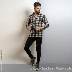 پیراهن چهارخونه کرم طوسی(T) مردانه مدل amir