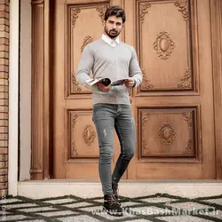 پلیوربافت یقه هفت طوسی مردانه مدلETM