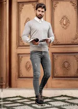 پلیوربافت یقه هفت طوسی مردانه مدلETM