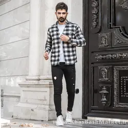 پیراهن چهار خونه مشکی سفید مردانه مدل Kiano